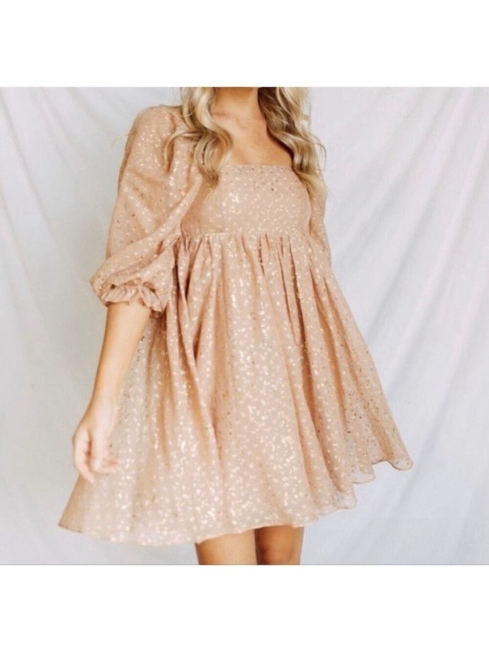NWT Beige Blush and Gold Babydoll Mini Dress with Sheer 3/4 Sleeves Size Large